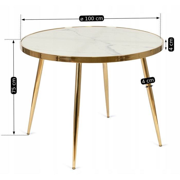 Stół TINGA 100 cm Szklany Biały Marmur/Złoty